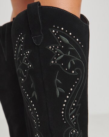 Venus Suede Embroidered Knee High Western Boots - Wide Fit (E) & Curvy Calf