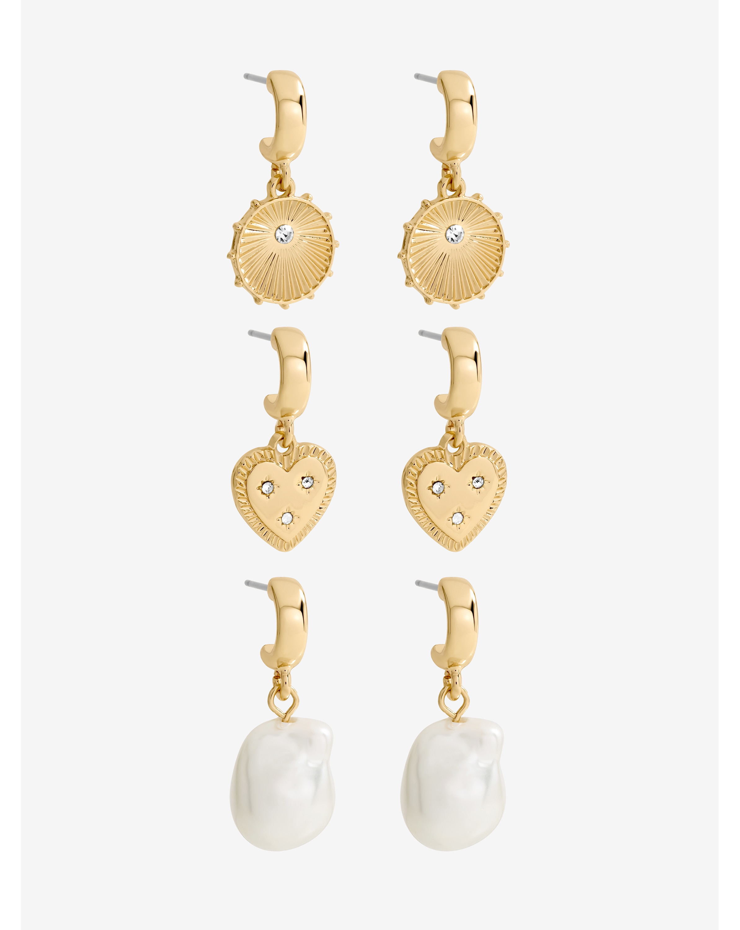 New In - Gold Charm Pearl Earrings - Pack of 3