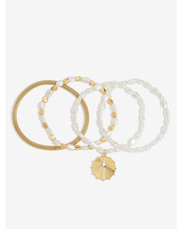 Mood Gold Plated Pearl Charm Stretch Bracelet - Pack of 4