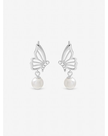 Inicio Sterling Silver Plated Polished Butterfly Pearl Drop Earrings