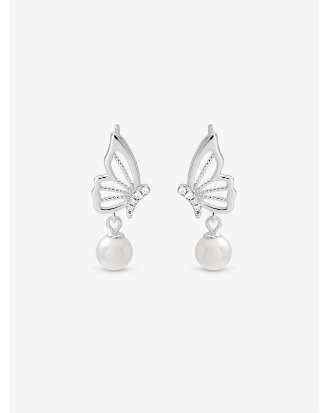 Inicio Sterling Silver Plated Polished Butterfly Pearl Drop Earrings