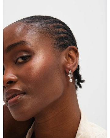 Inicio Sterling Silver Plated Polished Butterfly Pearl Drop Earrings