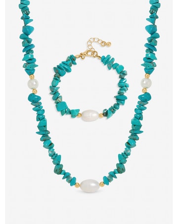 Mood Gold Plated Turquoise and Pearl Beaded Set