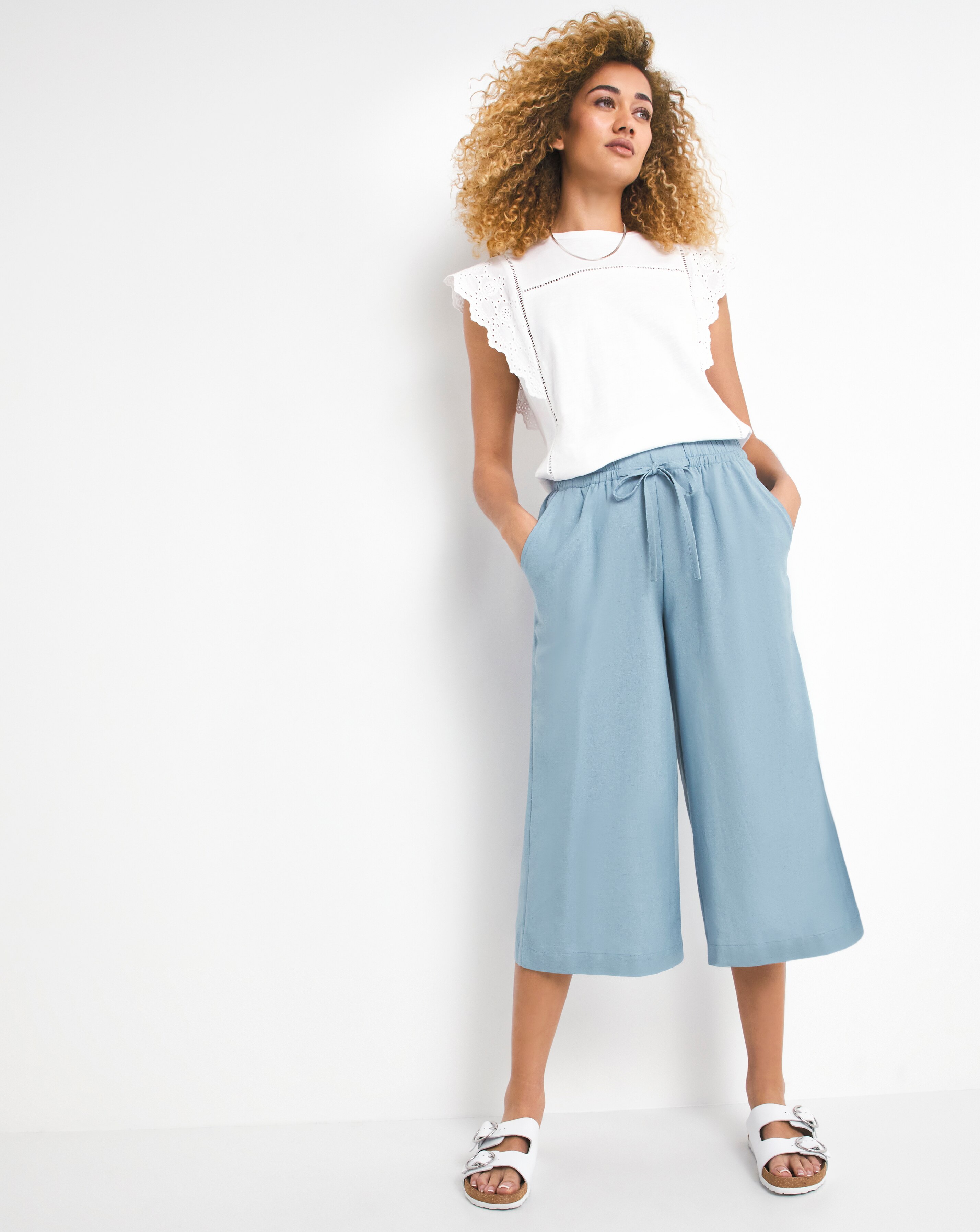 Pull On Blue Linen Mix Wide Leg 