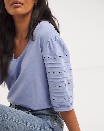 Soft Blue Broderie Sleeve Detail V-Neck Cotton Top