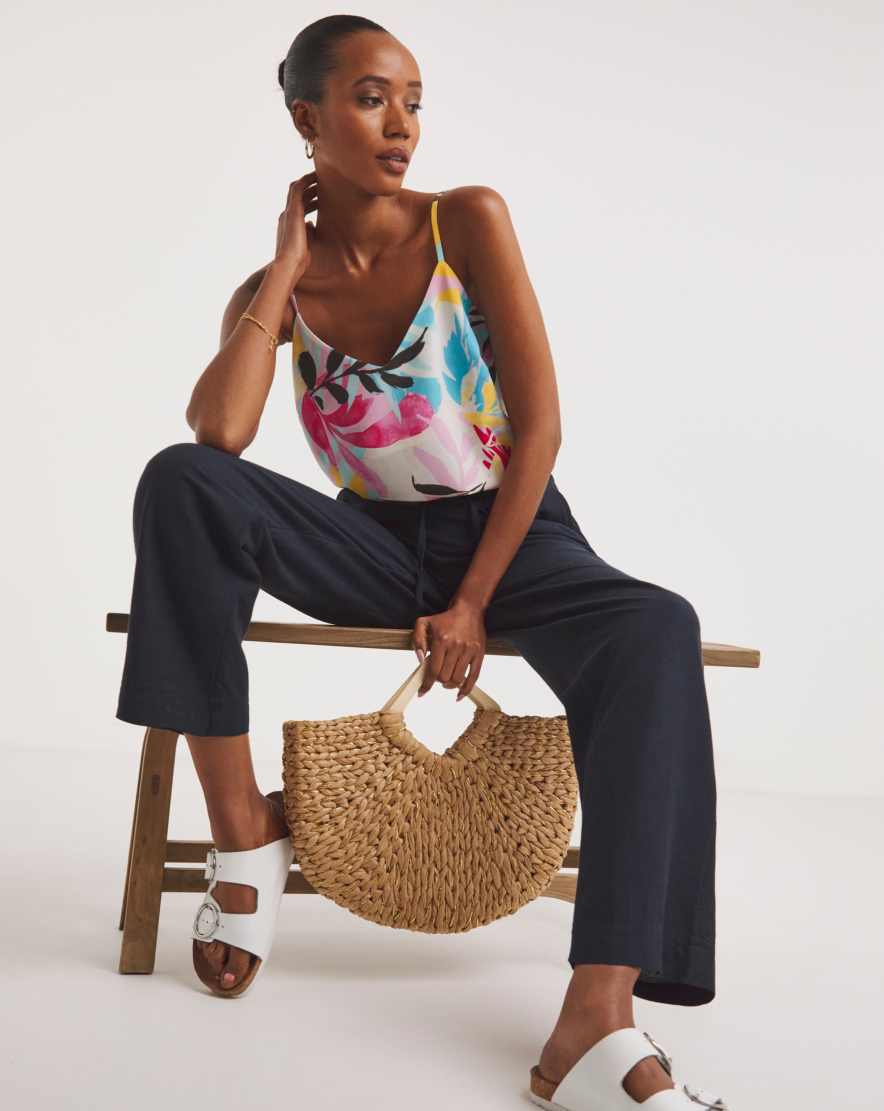 Navy Linen Mix Straight Leg Trousers