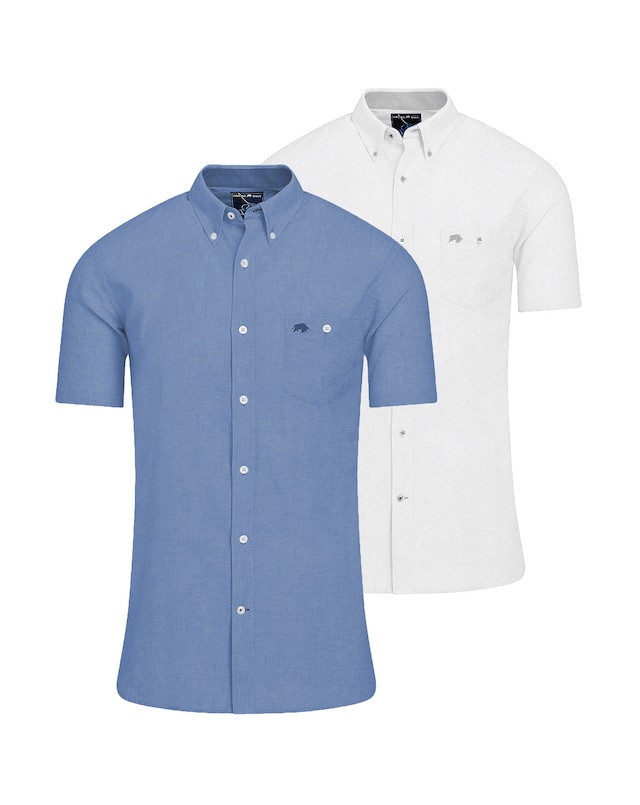 Raging Bull Classic 2 Pack Short Sleeve Linen Shirt Chambray/White