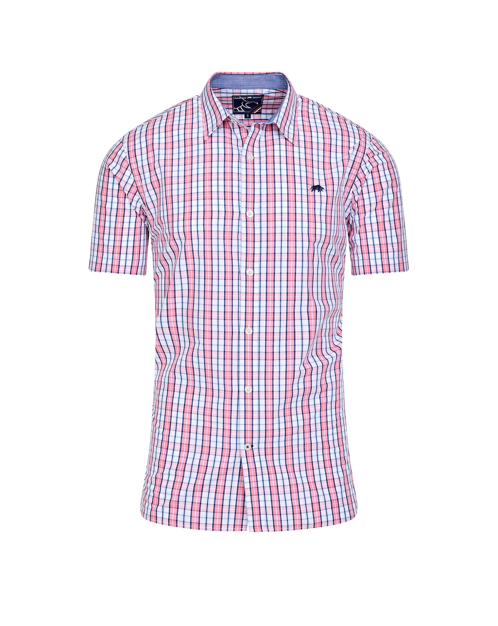 Raging Bull Short Sleeve Large Check Cotton Poplin Shirt Pink