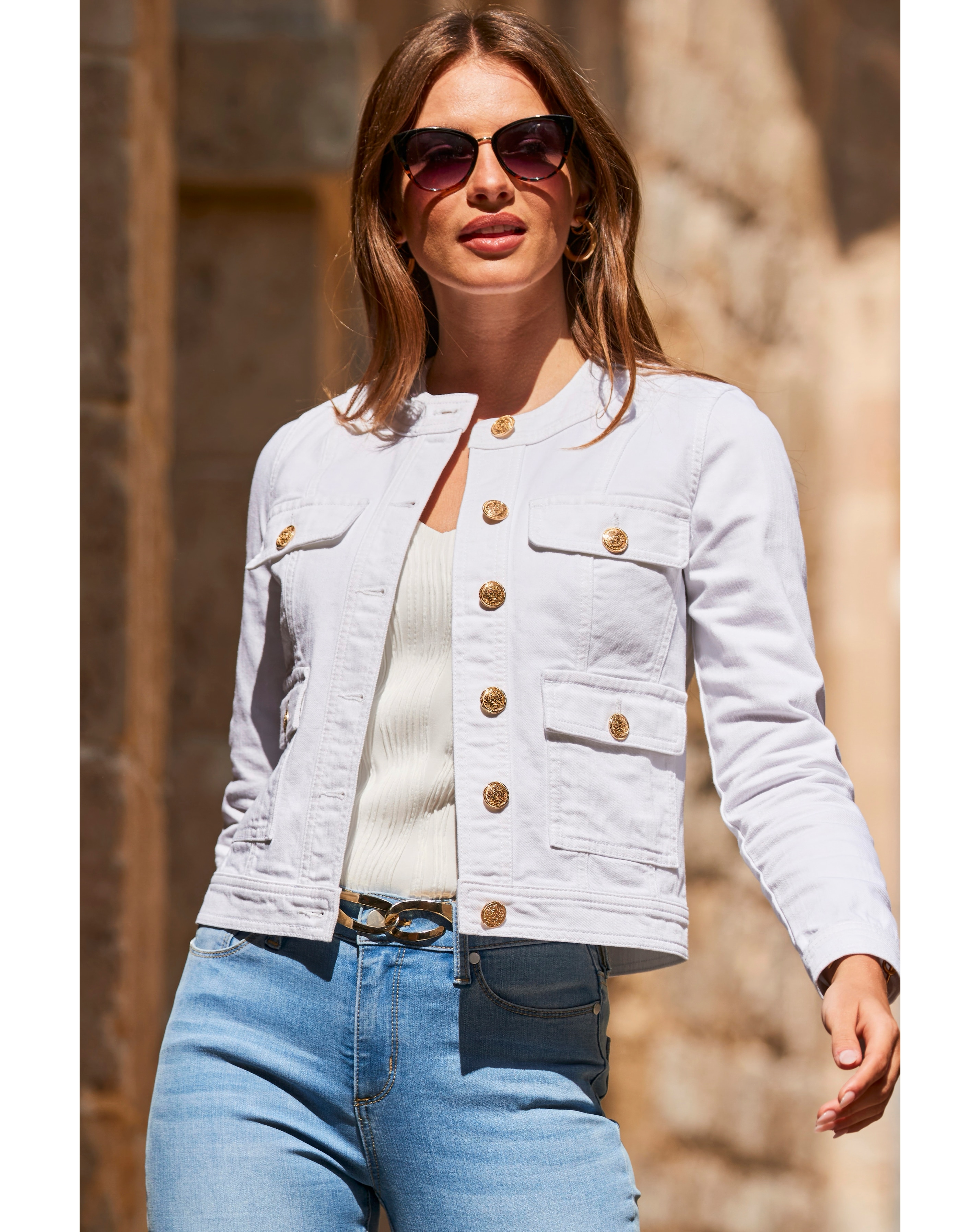 Sosandar White Round Denim Jacket