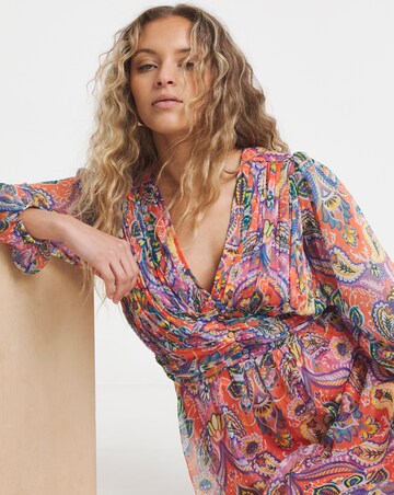 Lovedrobe V-Neck Blouson Sleeve Gathered Midaxi Dress