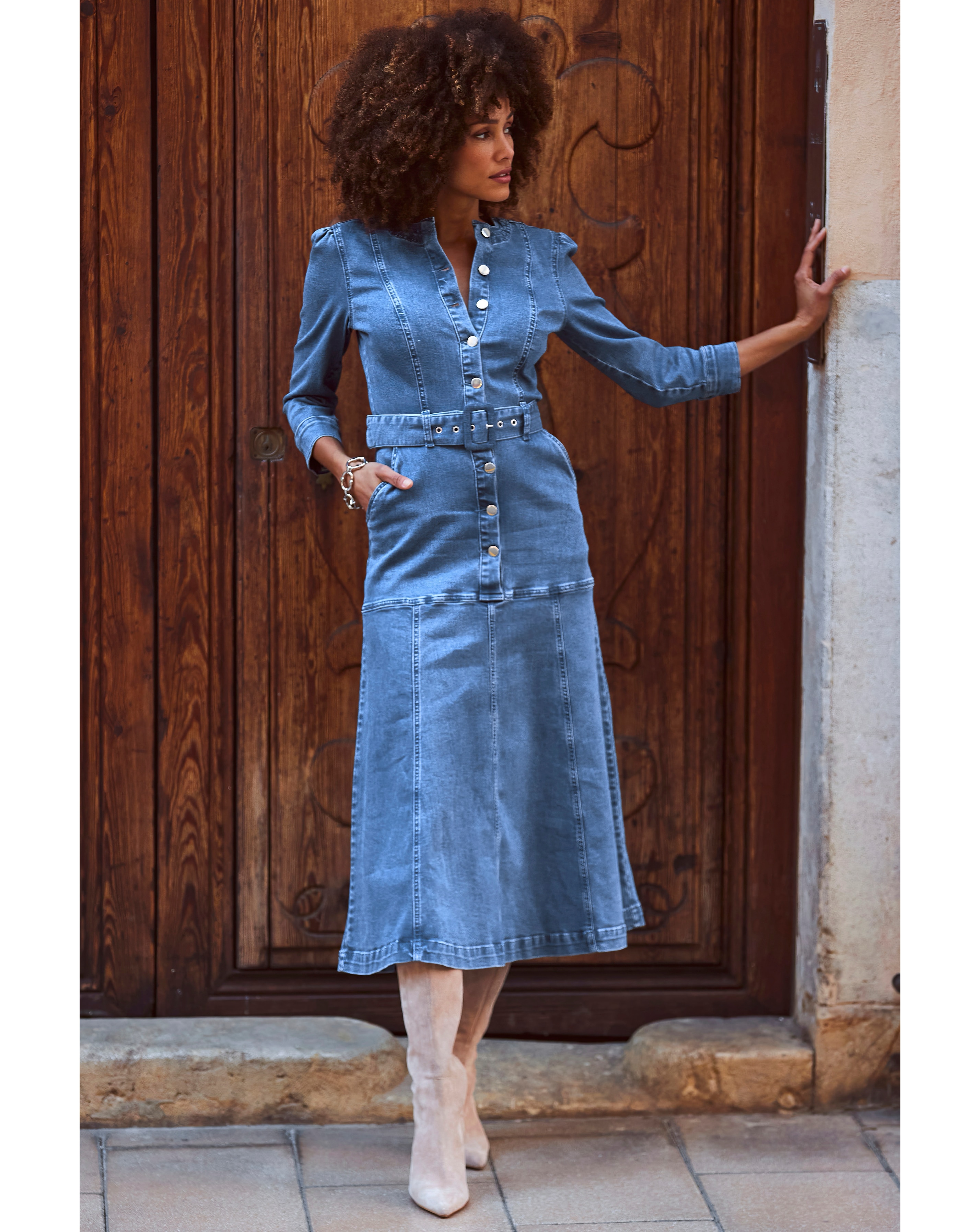 Sosandar Popper Front Denim Dress