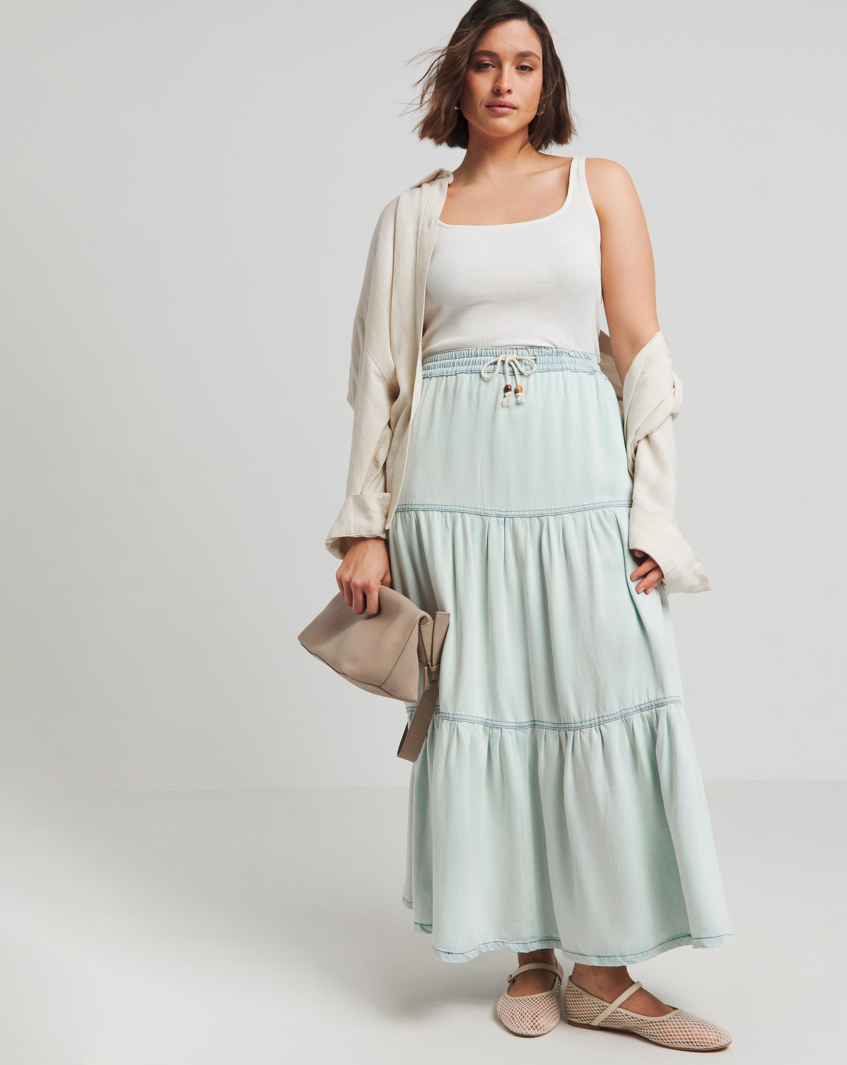 Lightweight Denim Tiered Maxi Skirt