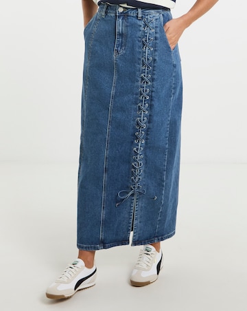 Blue Lace Detail Denim Maxi Skirt