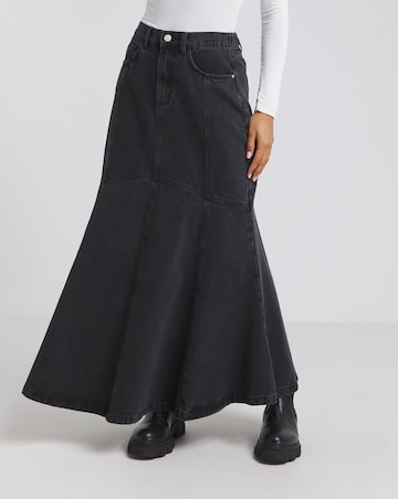 Washed Black Fishtail Denim Maxi Skirt