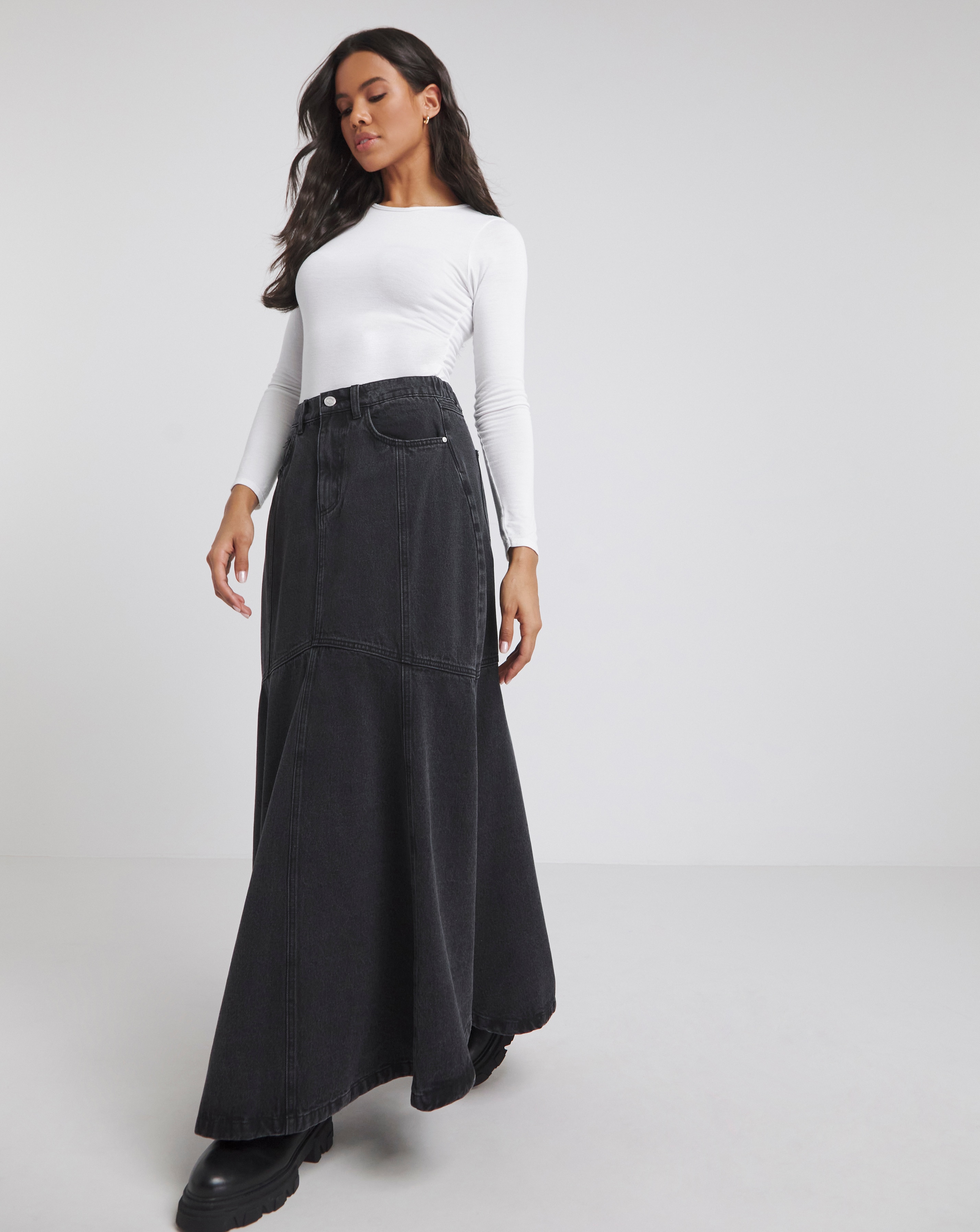 Washed Black Fishtail Denim Maxi Skirt