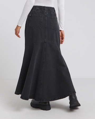 Washed Black Fishtail Denim Maxi Skirt