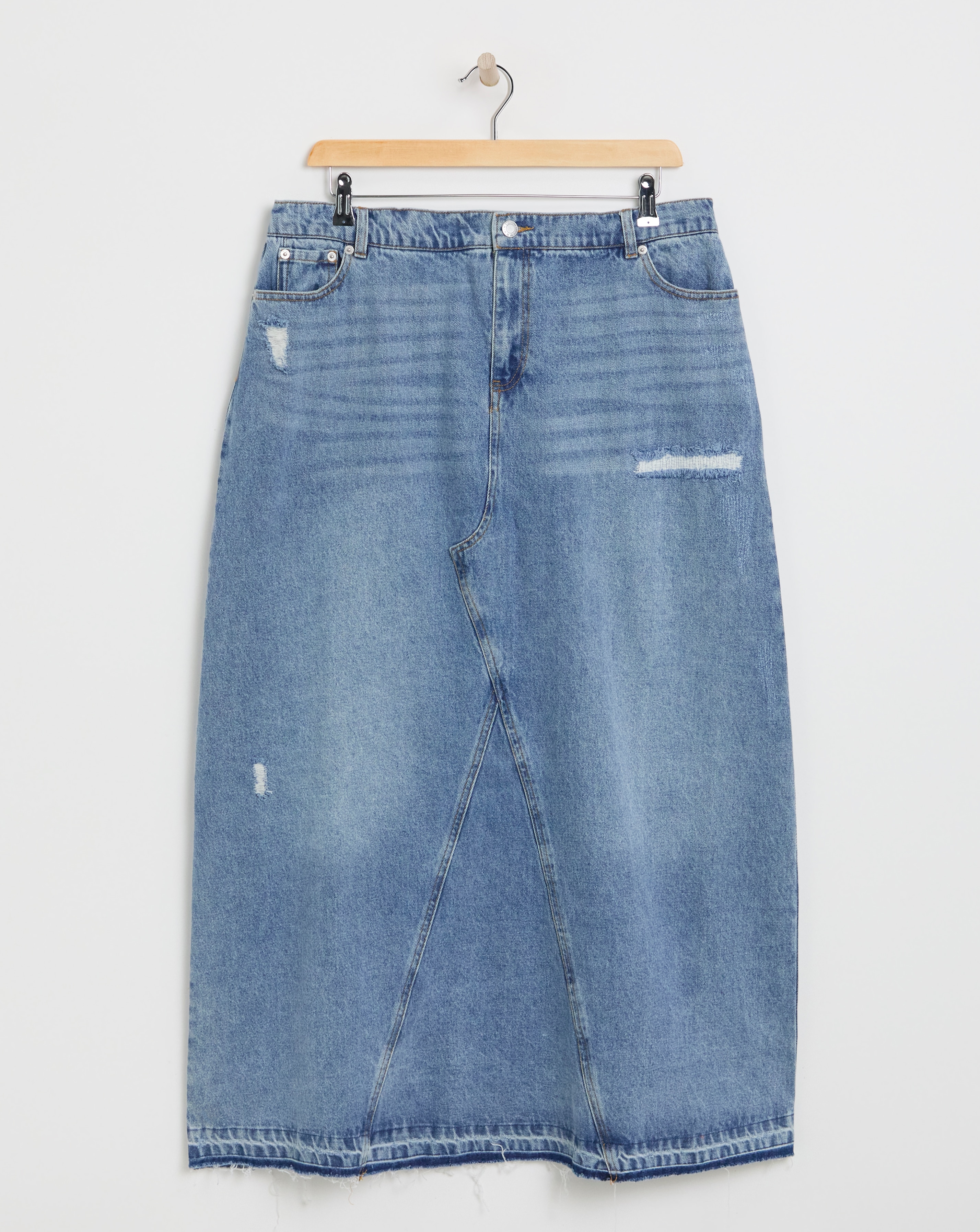 Light Rip and Repair Denim Maxi Skirt