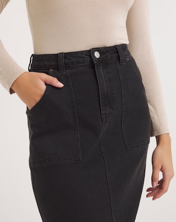 Black Denim Cargo A-Line Maxi Skirt