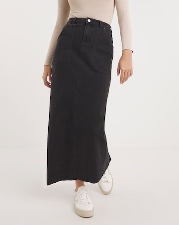 Black Denim Cargo A-Line Maxi Skirt